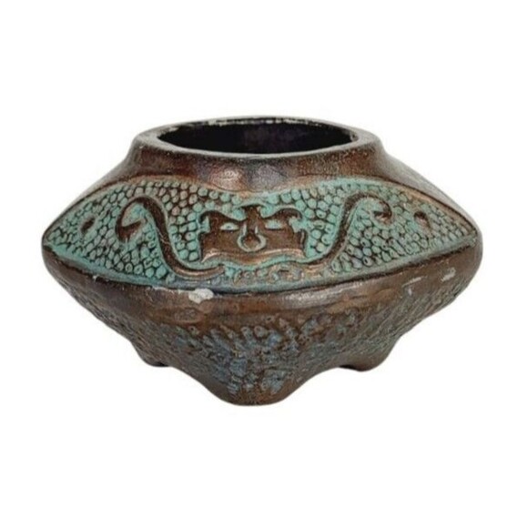 Antique Ornate Hand Crafted Temple Copper Finish Incense Burner Pottery Japan - Picture 1 of 13